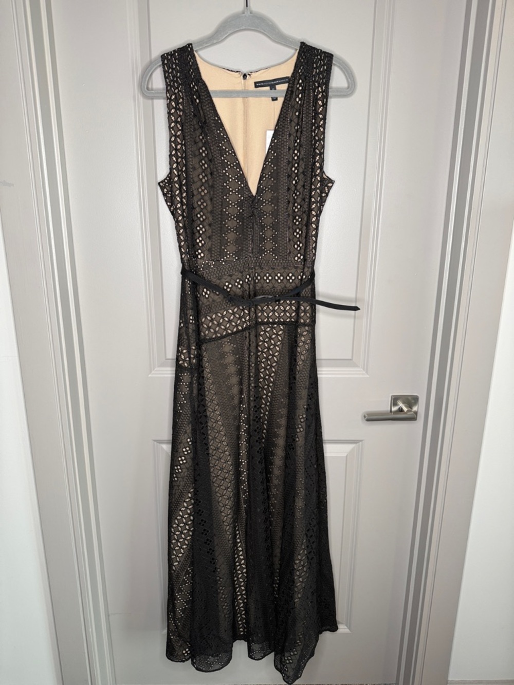 White House Black Market Black Lace Overlay Maxi Dress with Nude Lining
